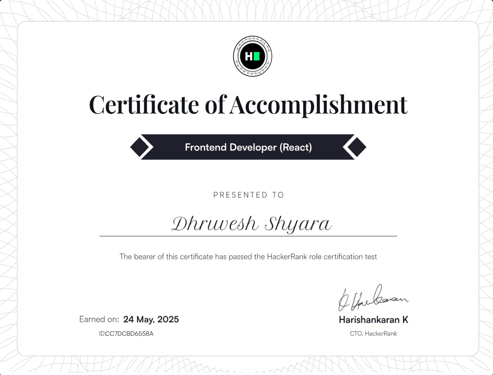 Frontend Developer (React) certificate
